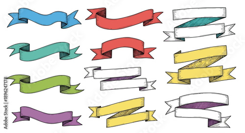 Set of various vintage hand drawn colorful ribbon banners for awards and decoration