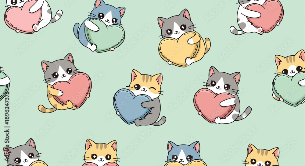 Obraz premium Cute Cartoon Cats Hugging Hearts Illustration.