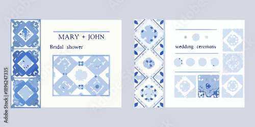 Wedding stationery design featuring blue and white tile patterns and names