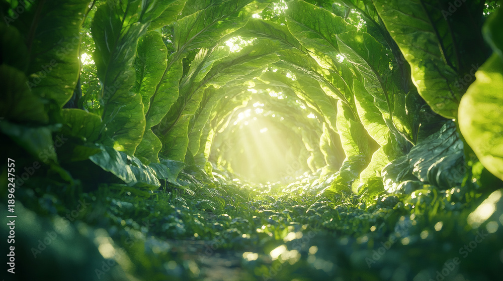 Obraz premium Lush Green Pathway Through Vibrant Leaves in Sunlit Forest Setting
