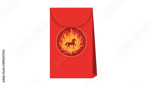 Digital illustration of a red envelope with a horse in a fire design for Chinese New Year against a clean white background.