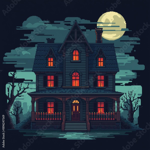 Creepy old house with glowing windows under full moon
