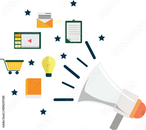 Flat vector illustration of marketing communication concept featuring megaphone surrounded by icons such as email marketing, content creation, online video, shopping cart, clipboard, light bulb idea, 