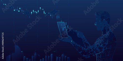 Man viewing financial data on a smartphone with a city skyline background