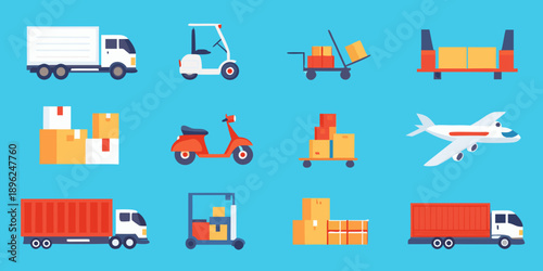 Various delivery vehicles and packages in a flat colorful illustration