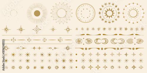Golden celestial shapes lines and decorative elements on a cream background
