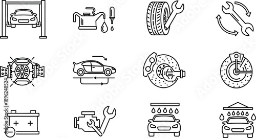 Car Repair and Auto Service Line Icon Set Featuring Oil Change, Tire Rotation, Brake Maintenance, Battery Replacement, Engine Repair, and Car Wash