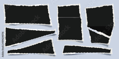 Torn photographic prints arranged on a light blue background