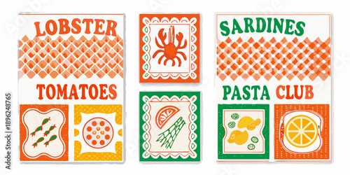 Vintage food labels featuring lobster sardines tomatoes pasta and citrus fruits