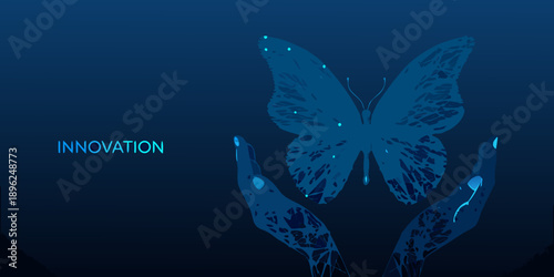 A blue butterfly held gently within cupped hands symbolizing innovation