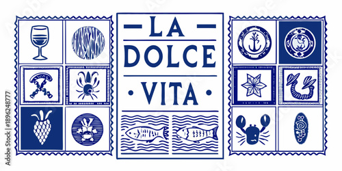 A collection of blue and white illustrated postage stamp style designs