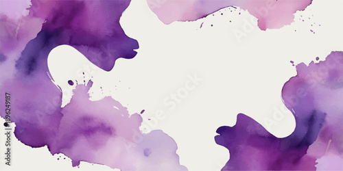 Abstract watercolor background featuring purple ink splashes and artistic pink paint splatters on a grunge paper texture with colorful brush strokes and vector design elements