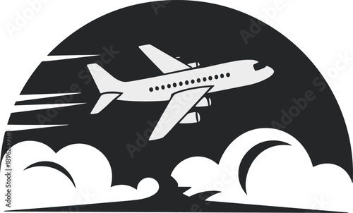 Stylized Commercial Airplane Flying Through Clouds with Speed Lines and Dark Sun Background Vector Illustration for Travel and Aviation Themes,