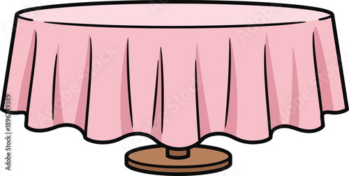 A pink tablecloth on a brown table base  simple cartoon illustration