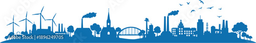 Blue silhouette cityscape with wind turbines and industrial buildings and trees and birds
