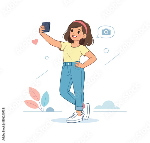 Girl taking selfie with smartphone, flat vector illustration