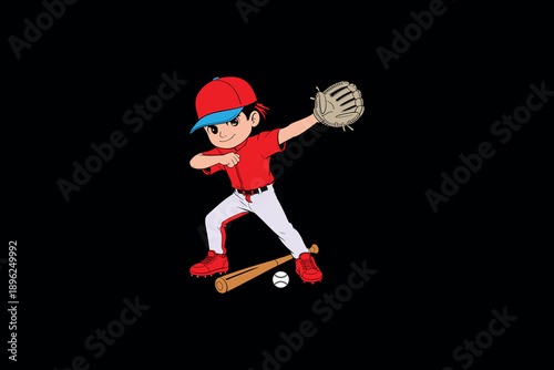 Playful cartoon boy in red baseball uniform and cap balancing on a skateboard with baseball glove raised