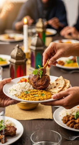 Traditional Arabic meal, iftar feast in Ramadan people gather to eat lamb shank, flatbread, rice and lentil dish; home family dinner, soft light