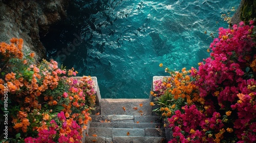 Wallpaper Mural Stone steps lead to turquoise ocean cove framed by vibrant bougainvillea Torontodigital.ca