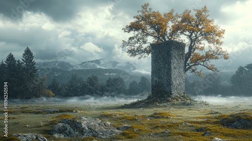 Wallpaper Mural Stone tower with autumn tree in misty mountain valley Torontodigital.ca