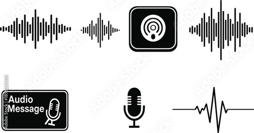 Audio waveform icon set, microphone and voice message symbols, minimal black white vector elements for podcast, music, mobile app interface