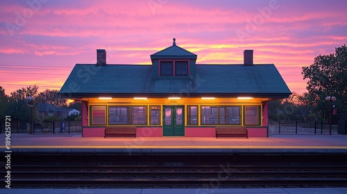 Wallpaper Mural Suburban train station at dawn, empty platform, peaceful scene Torontodigital.ca
