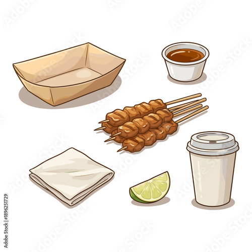 Hand-drawn cartoon vector illustration of chicken satay skewers with peanut sauce, a disposable tray, lime, and a coffee cup.