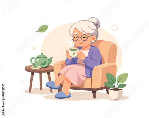 Elderly woman relaxing with tea on a chair, flat vector illustration