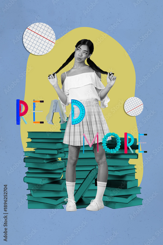 Fototapeta premium Pop image sketch 3d collage poster of happy girl guy stand book stack library education bookworm hobby university student learner