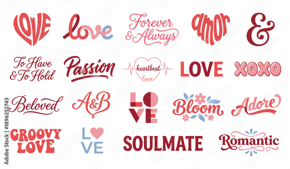 Fototapeta premium Romantic love lettering collection, 20 pink and red wedding quotes, Valentine typography EPS set
