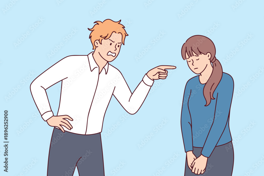 Fototapeta premium Angry businessman shouting and pointing finger at upset female colleague. Visualizing harassment, workplace stress, and the need for Zero Discrimination Day.