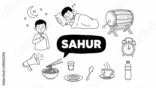 Pre-dawn meal preparation for fasting, featuring a person sleeping and waking up to eat before dawn, surrounded by food and utensils