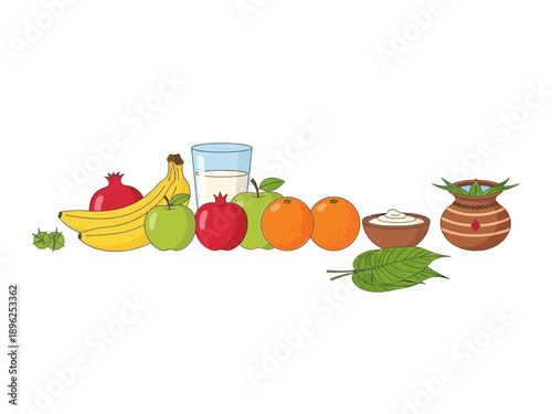 Assortment of fruits a glass of milk yogurt leaves and a ritual pot