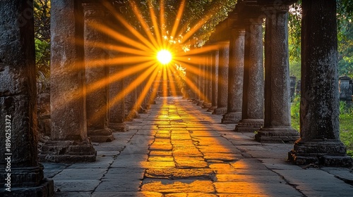 Wallpaper Mural Sun starburst through ancient temple colonnade at sunrise Torontodigital.ca