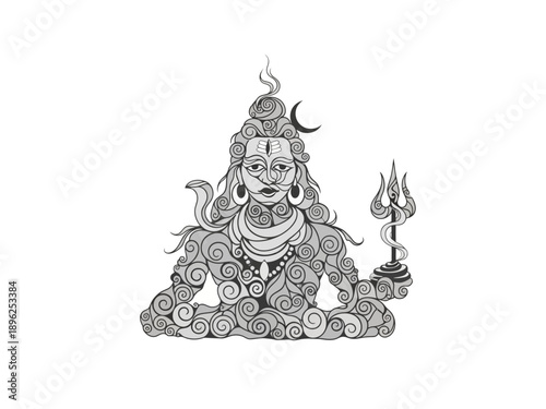 Black and white swirling ornate illustration of Lord Shiva holding a trident