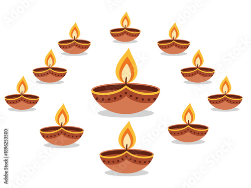 Eleven brown earthenware oil lamps arranged in a diamond pattern on white