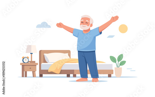 Elderly man stretching in morning by bed, flat vector illustration