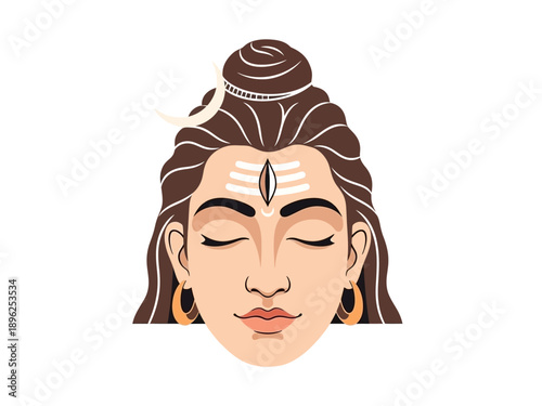 Illustration of Lord Shivas face with closed eyes third eye and crescent moon