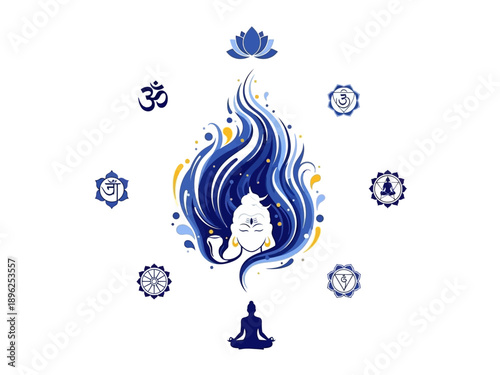 Shivas face emerging from blue waves surrounded by chakra symbols and Om
