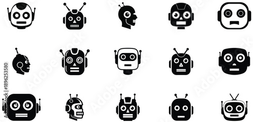 Black robot smiling face icon pack in futuristic minimal design. Cute help bots with flat vector look, optimized for AI software, apps, websites, and modern technology branding.