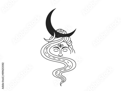 Stylized black and white drawing of Shivas face crescent moon and flowing hair