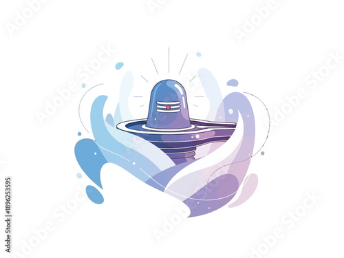 Stylized illustration of a blue Shiva Lingam resting on a base surrounded by abstract blue and purple waterlike forms