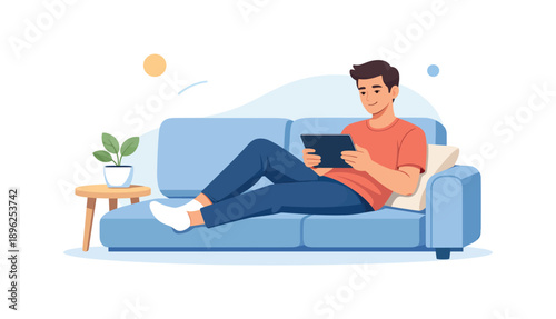 Man relaxing on couch with tablet, flat vector illustration