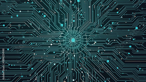 Futuristic circuit board with glowing blue connections and central hub