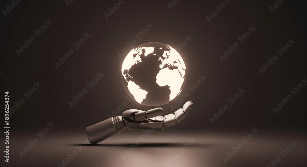 Fototapeta premium Robotic arm presenting an illuminated glowing world globe in a dark futuristic setting, illustrating global technology and connectivity.