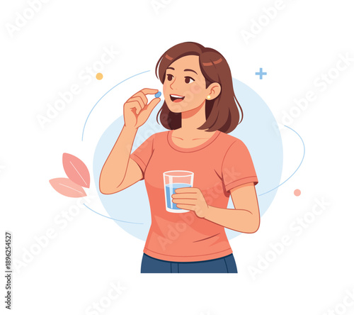 Woman taking vitamin with water in hand, flat vector illustration