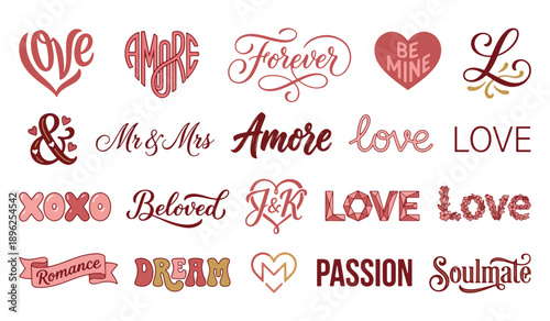Romantic love typography vector set with hand lettering words like amore, love, passion, soulmate and forever, red and pink Valentine quotes collection