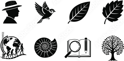 Nature Science Icons, Silhouette Set, Educational Symbols, Biology and Environment, Fossil and Tree Art, Book and Globe Graphics