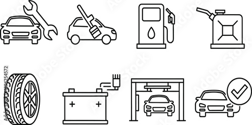 Set of thin line car service icons including repair, fuel, tire, battery, and car wash for automotive maintenance and garage