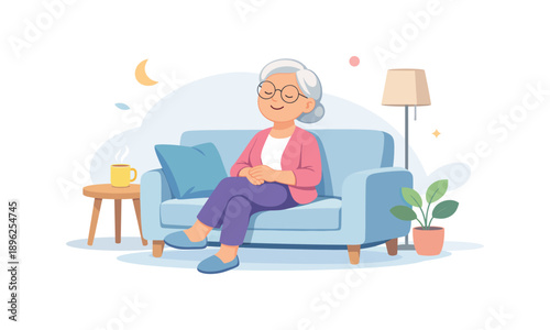Elderly woman relaxing on sofa with tea, flat vector illustration